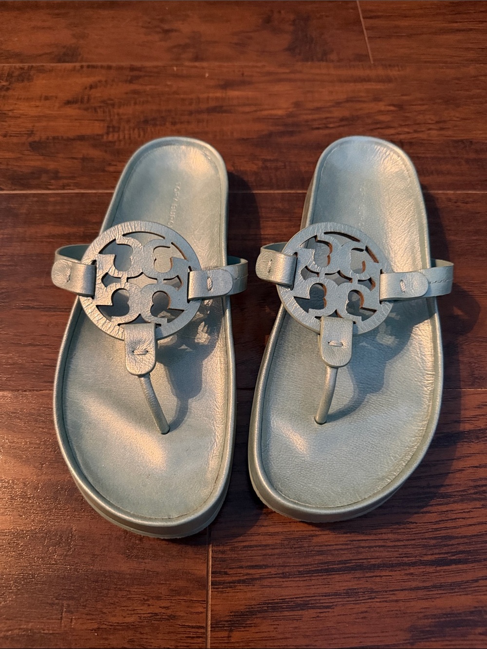 Tory Burch Metallic Light Blue Logo Thong Sandals